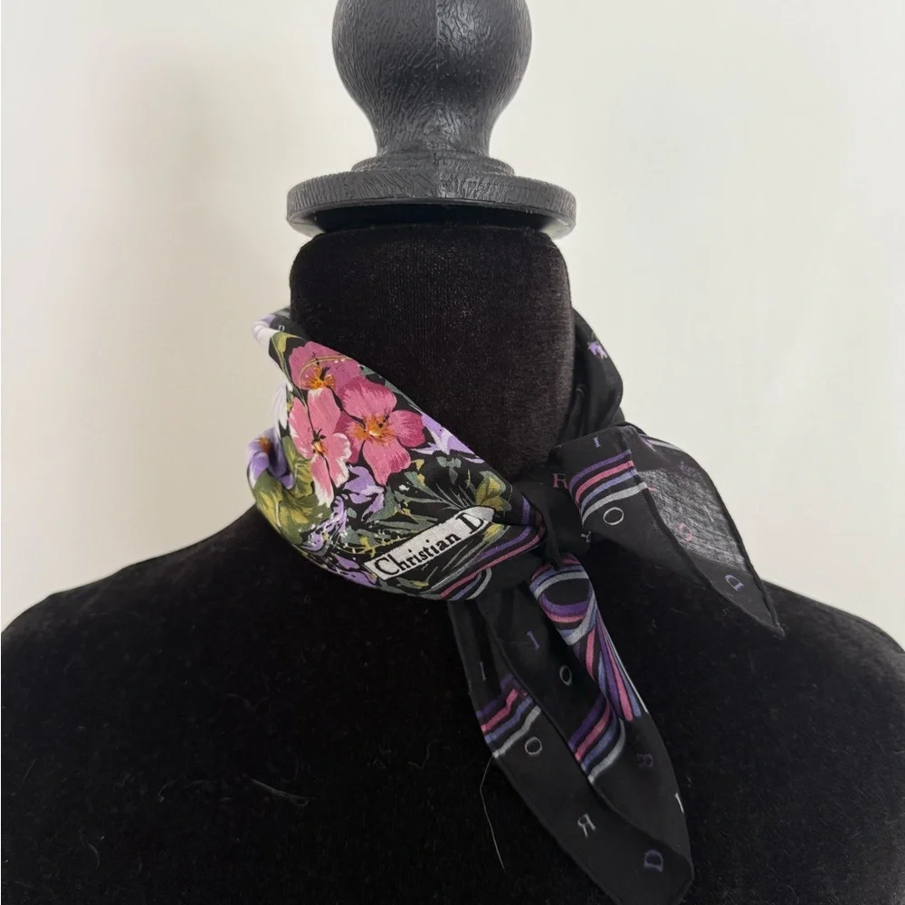 Christian Dior Floral Black Cotton Scarf 18”